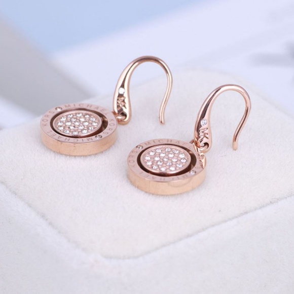 Michael Kors Rose Gold Crystal Logo Earrings - Picture 1 of 8